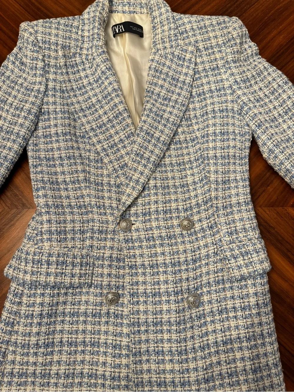 Zara Blue White Tweed Double Breasted Blazer Bouclé Jacket Size S